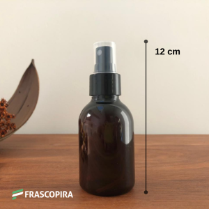 Frasco Pet Âmbar 100ml com válvula spray 24mm preta