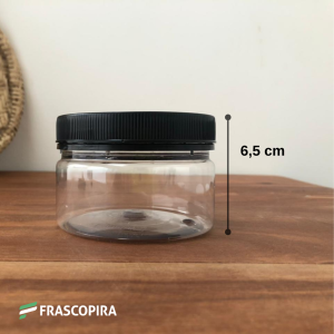 10 Potes Pet 250g baixo com tampa lacre preta