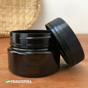 Pote Âmbar Pet 100g com tampa lacre preta - 8 unidades