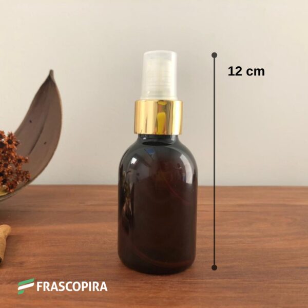 Frasco Pet Âmbar 100ml com válvula spray luxo 24mm dourada