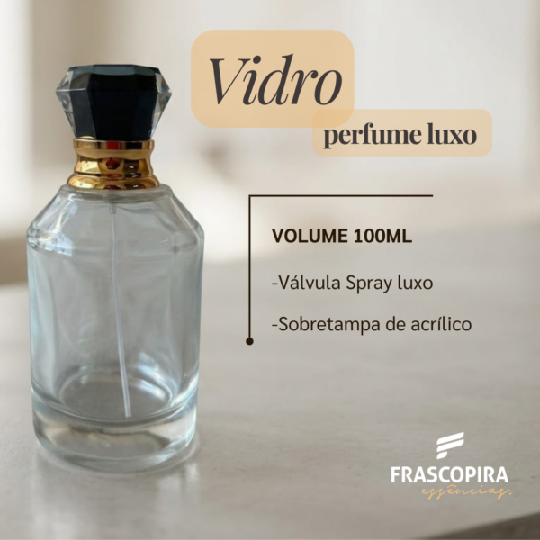 Frasco Diamante 100ml com Válvula Dourada e Tampa Preta Luxo rosca 15/400