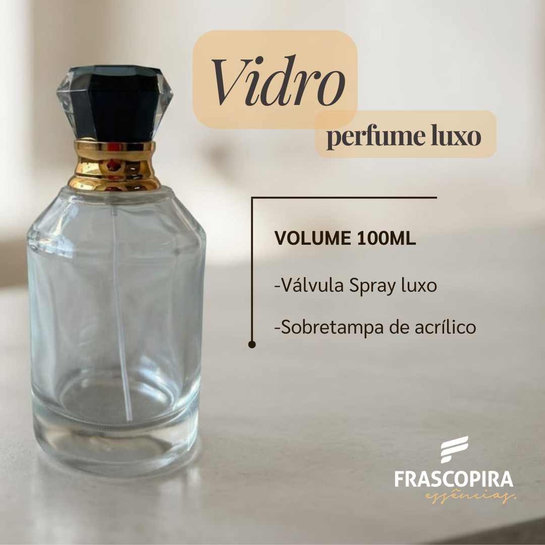 Frasco Diamante 100ml com Válvula Dourada e Tampa Preta Luxo rosca 15/400