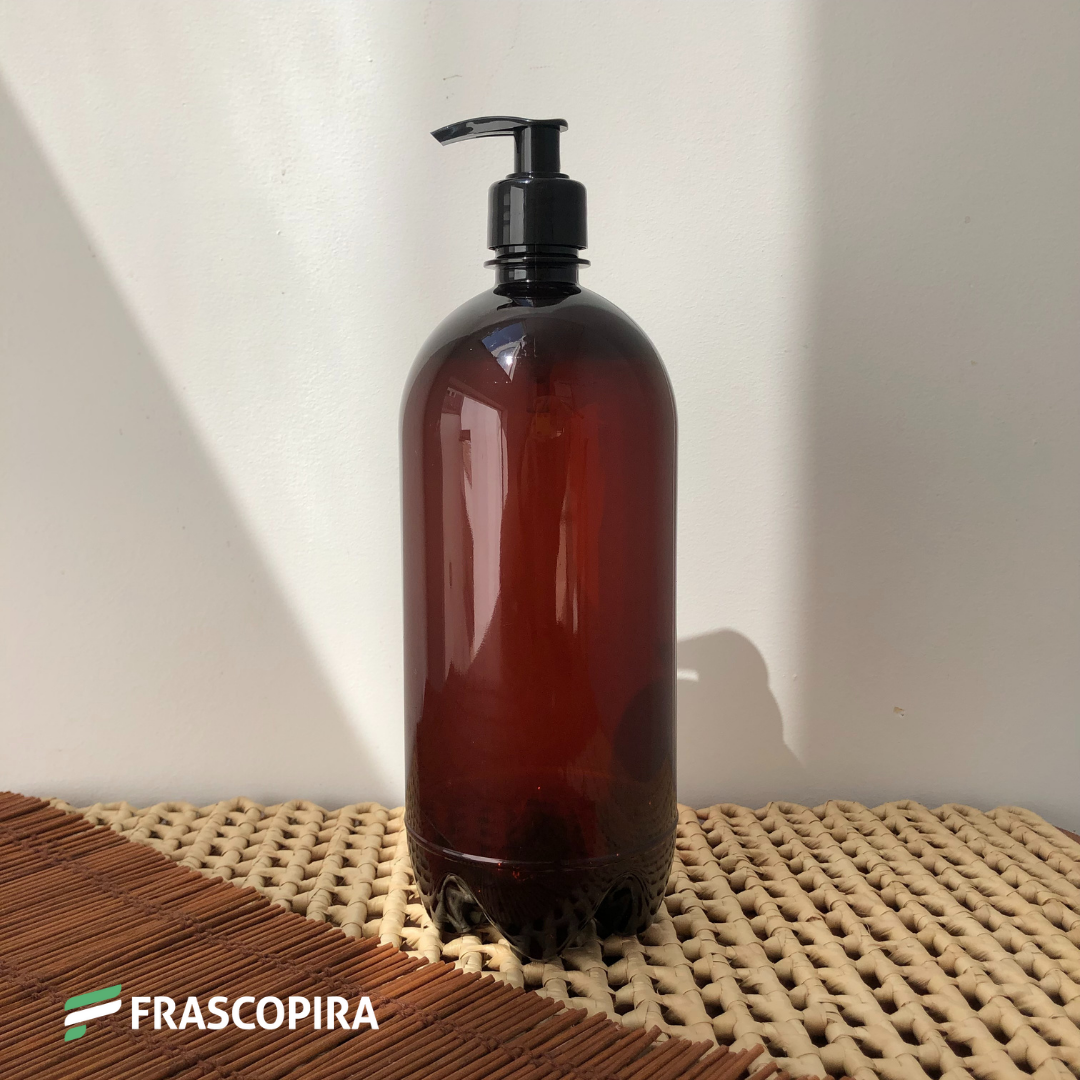 Frasco Pet Âmbar 1 litro com válvula pump preta
