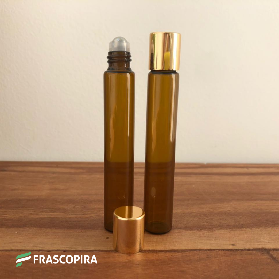 10 Rollon de Vidro Âmbar 10ml com tampa dourada