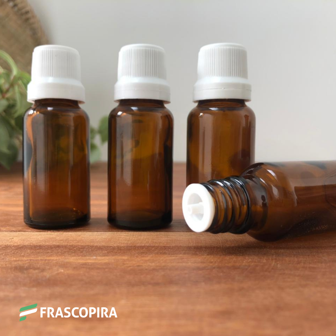 10 Vidros âmbar 20ml com gotejador e tampa lacre branca